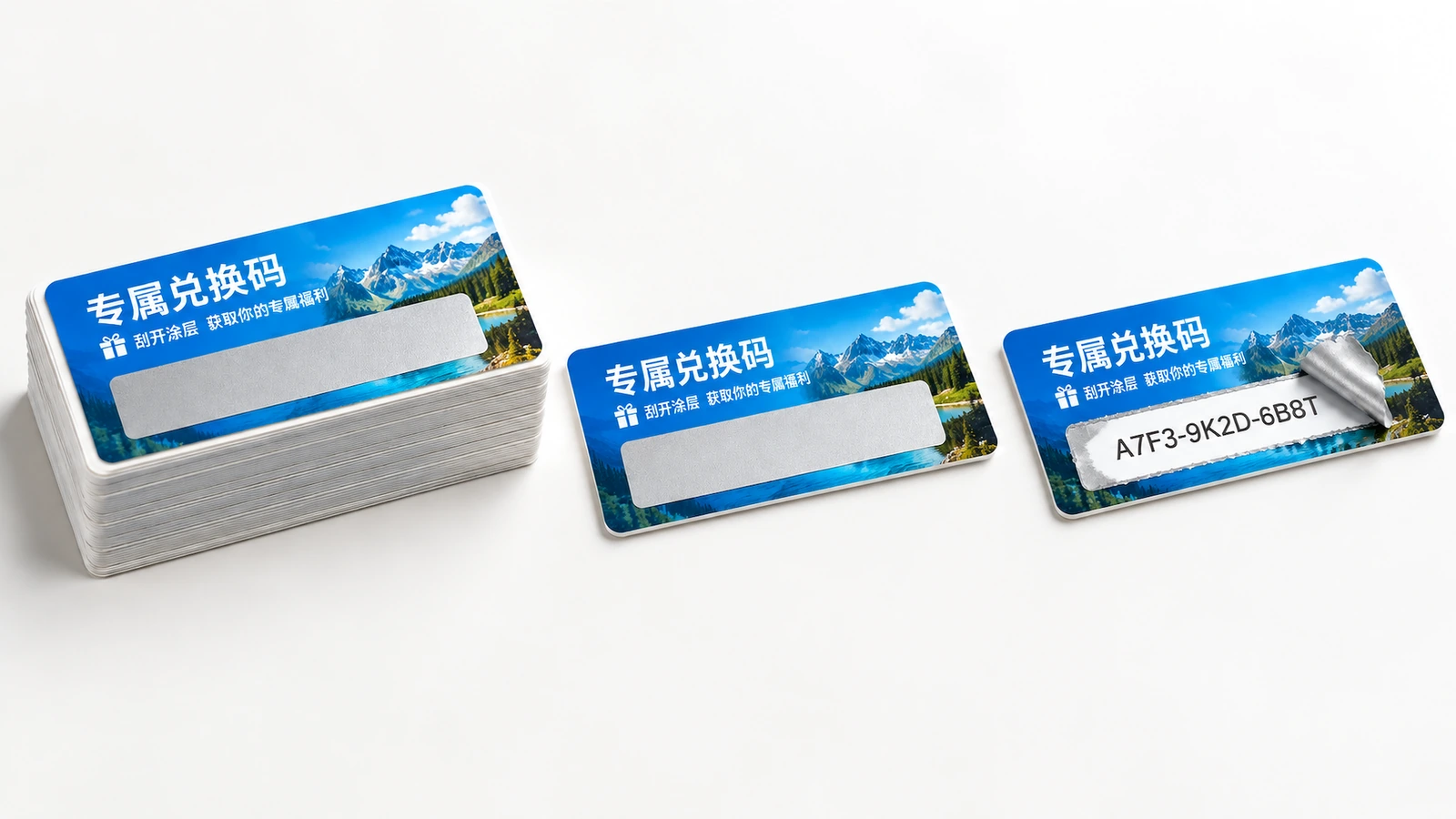 白色表面上的印刷码标签样品 叠放与散放的蓝色码标签,遮盖层完好,其中一张已刮开显示码