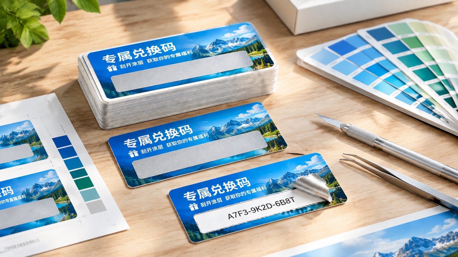 刮刮码标签样品,展示遮盖及刮开后的状态 蓝色山景图案刮刮码标签,旁边摆放色卡和一支笔