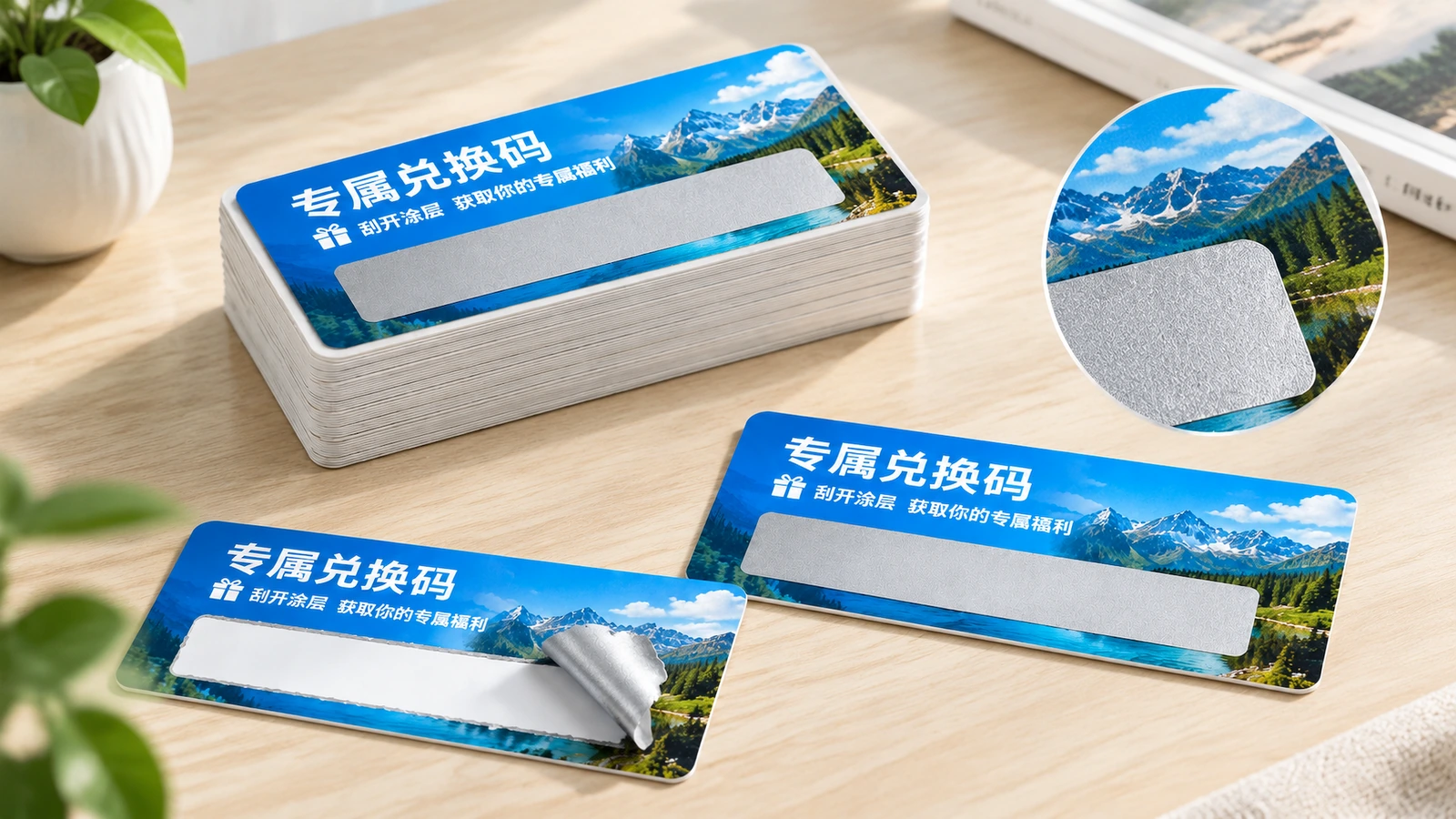 刮刮码标签样品,附遮盖层细节图 蓝色刮刮码标签,附银色遮盖层的圆形放大图