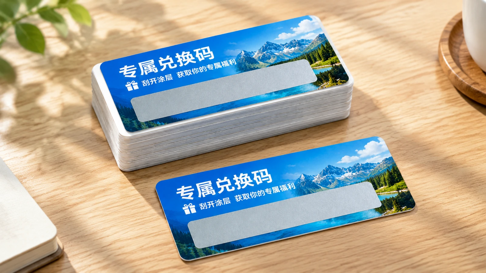 桌面上的印刷刮刮码标签样品 木质桌面上的一叠蓝色刮刮码标签和一张散放的标签