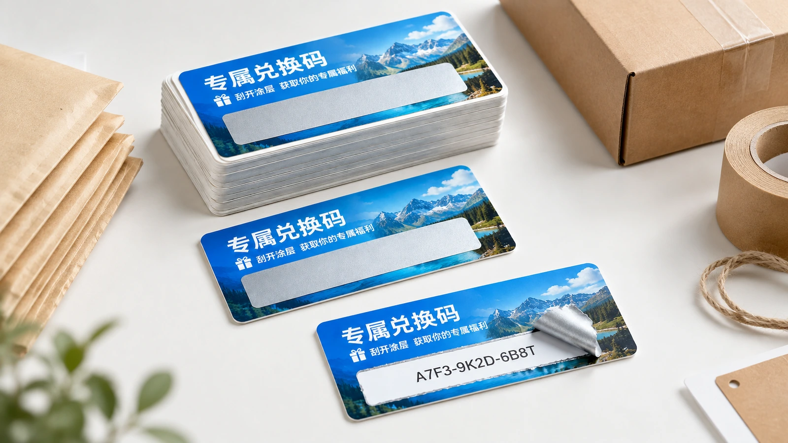 码标签样品与包装材料并列摆放 蓝色码标签样品,旁边是纸箱、包装胶带和纸质信封