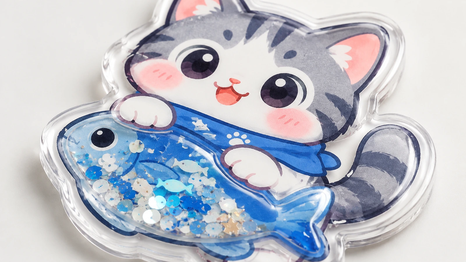 猫与鱼摇动贴纸特写 猫与鱼摇动贴纸特写,展示印刷图稿、透明凸起边缘和蓝色亮片