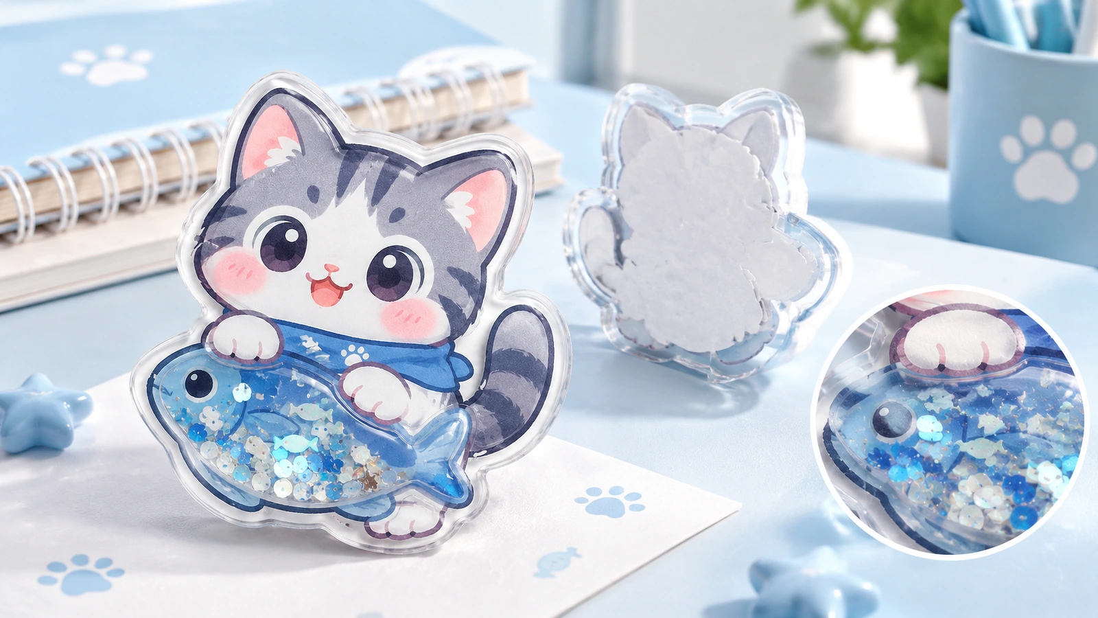 摇动贴纸正面、背面与亮片细节 猫与鱼摇动贴纸正面与背面视图,淡蓝色桌面上附有蓝色亮片的圆形特写