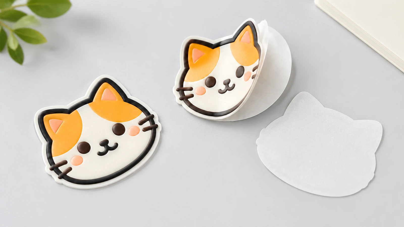 猫脸贴纸，其中1片翘起，悬在白色异形底纸上方