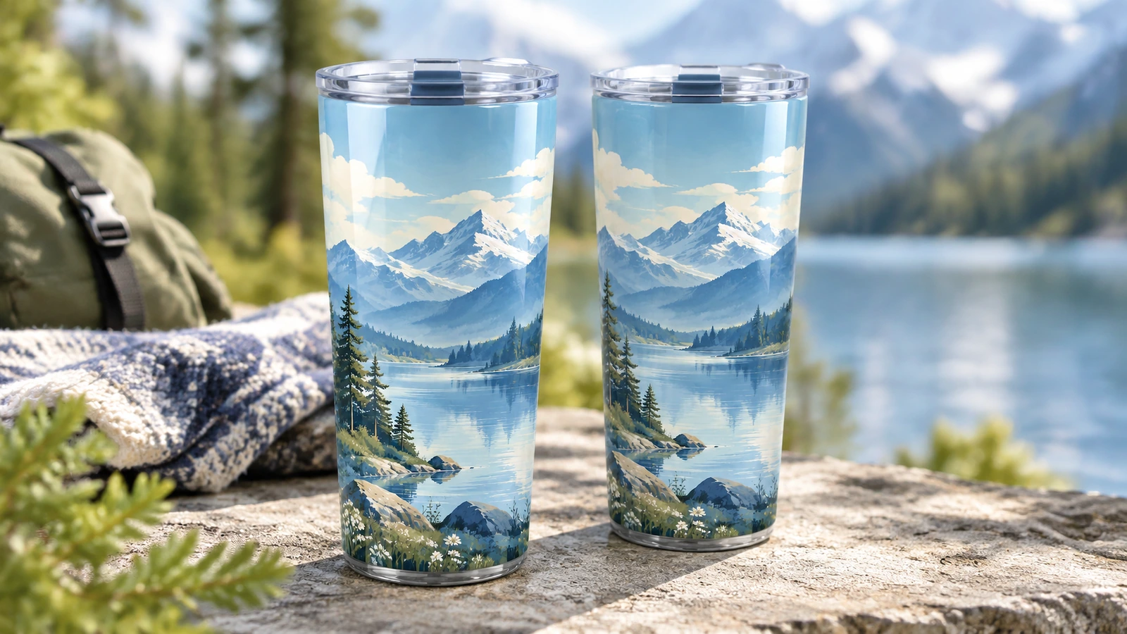 户外场景中的杯子 两只山景设计的杯子放在岩石上,旁边是湖泊和背包