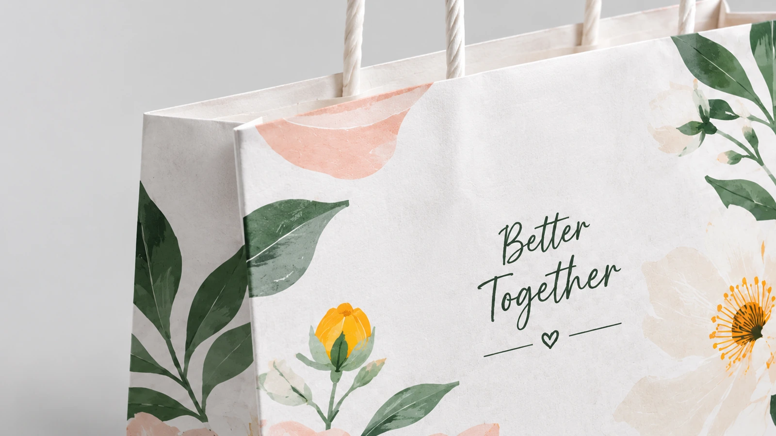 印刷纸面与扭绳提手 碎花印刷、Better Together 字样及扭绳纸提手的特写